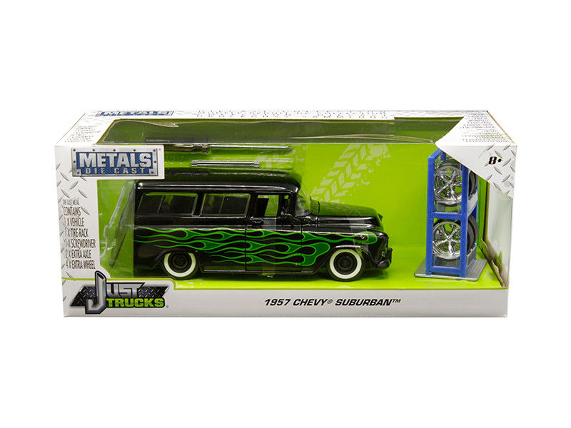 Jada 97821 Just Trucks with Extra Wheels 1:24 1957 Chevrolet Suburban Black with Green Flames
