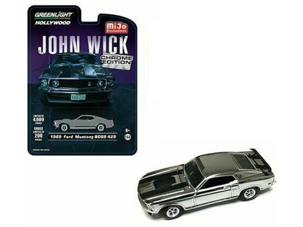 Greenlight 51228 John Wick 1969 Ford Mustang Boss 429 1:64 Chrome with Black Stripes