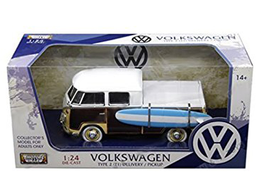 Motormax 79560 Volkswagen Type 2 T1 Double Cab Pick Up Truck 1:24 with Surfborad White Brown