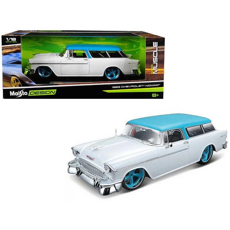 Maisto 1:18 1955 Chevrolet Bel Air Nomad Diecast Model Car White Turquoise 32613 
