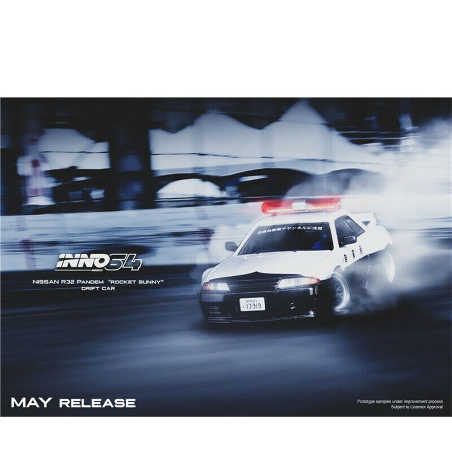 INNO Models IN64-R32P-JPDC Nissan Skyline GT-R R32 Pandem Japan Police Livery Drift Car 1:64 White / Black