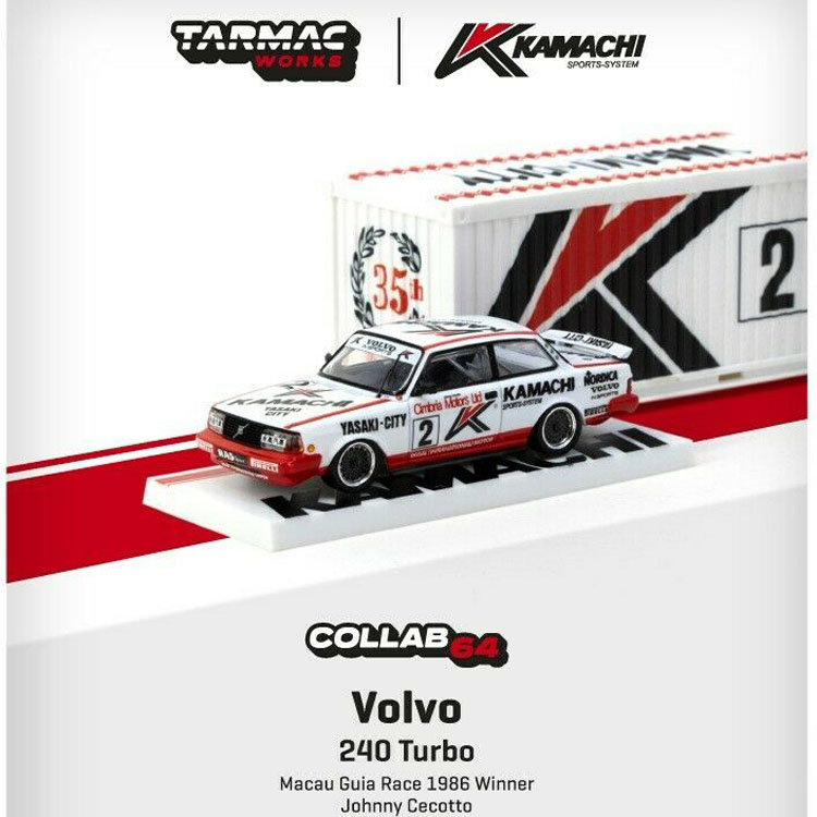 Tarmac Works T64-050-86MG Volvo 240 #2 Turbo Macau Guia Race 1986 Winner  1:64 with Container White Red