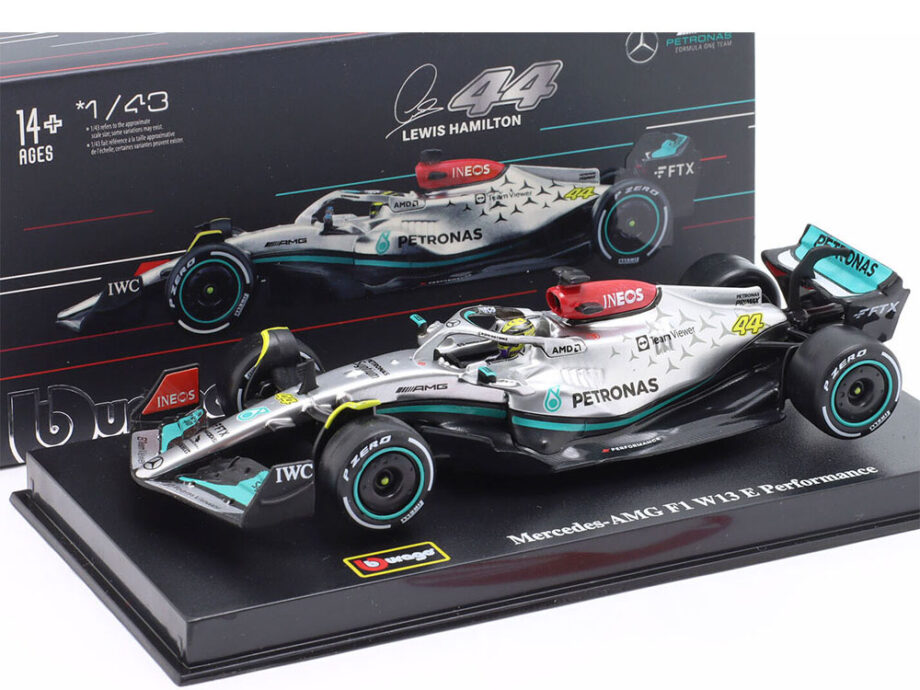 Bburago 18-38066 LH Formula 1 Team Mercedes Benz AMG F1 W13 E Performance 1:43 with Display Case & Driver #44 Lewis Hamilton
