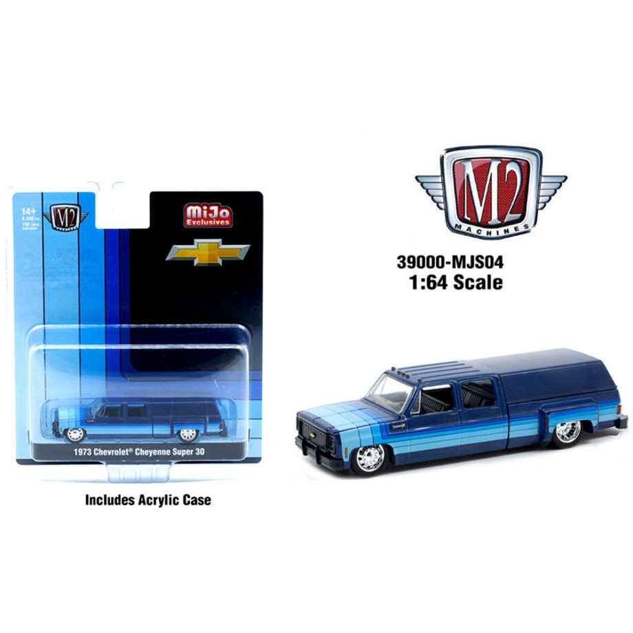 M2 Machines 39000 MJS04 1973 Chevrolet Cheyenne Super 30 Dually Pick Up Truck with Camper Shell 1:64 Blue