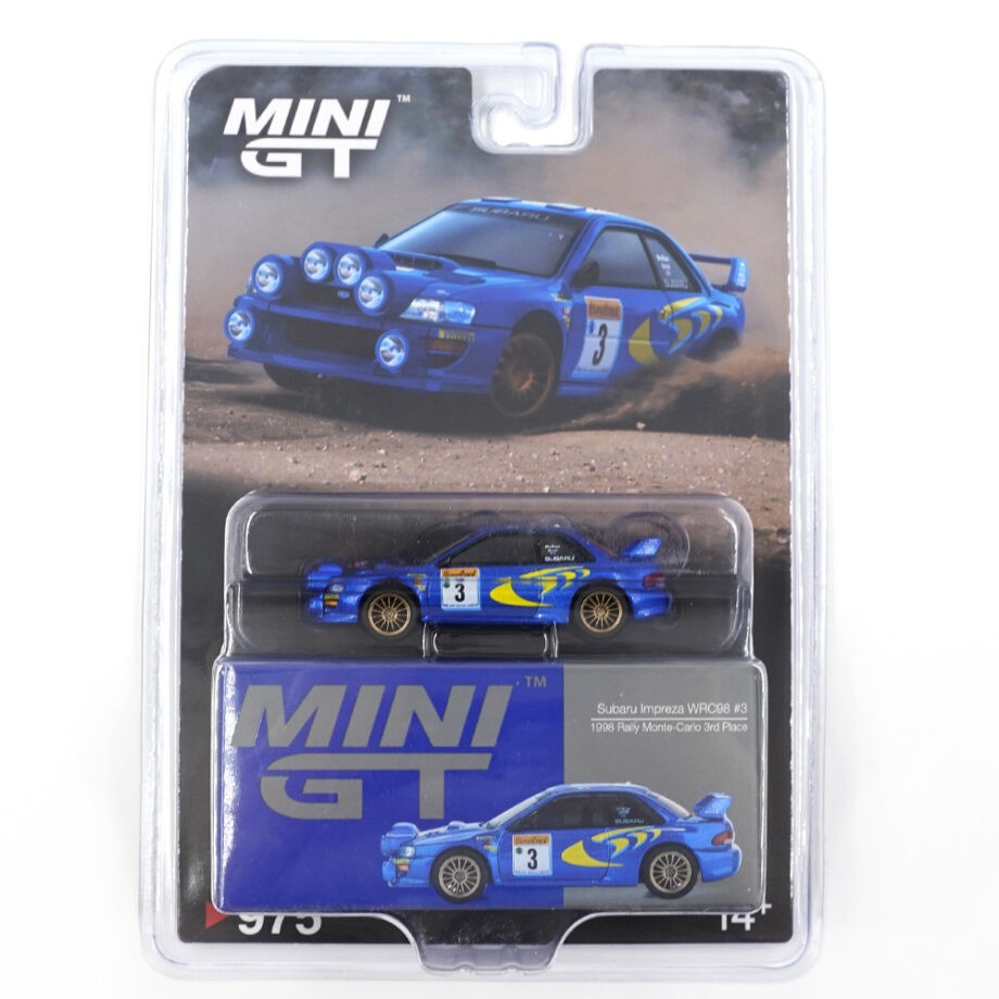Mini GT MGT00975 Subaru Impreza WRC98 1998 Rally Monte-Carlo 3rd Place #3 1:64 Blue