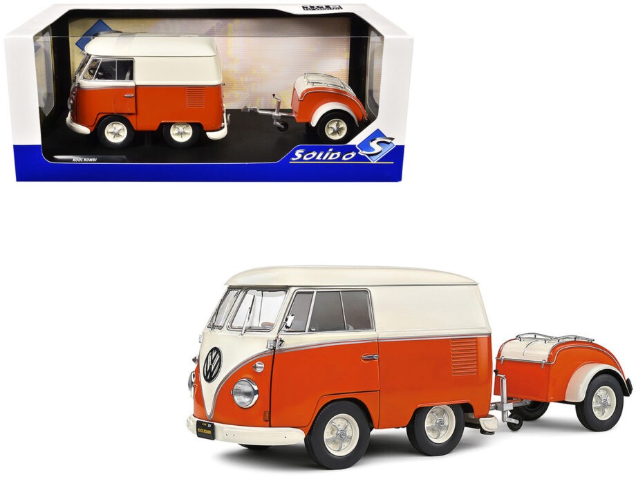 Solido S1810902 1950 Volkswagen Kool Kombi 1:18 with Trailer Orange / White