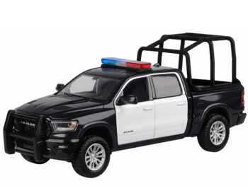 Motormax 79545 2019 Ram 1500 Laramie Crew Cab 1:27 with Stand Cage & Light and Sound Black / White
