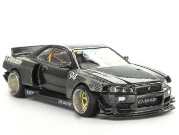 Mini GT x Kaido House KHMG222 Nissan Skyline GT-R (R34) Kaido Works GReddy V2 1:64 Black with Carbon
